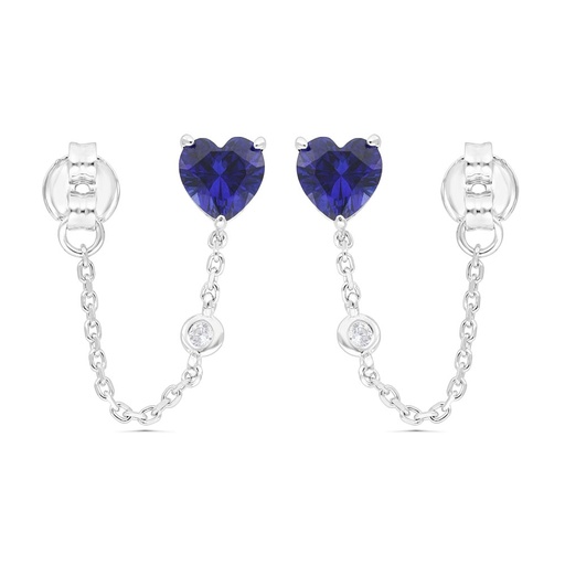 [EAR01SAP00WCZC223] Sterling Silver 925 Earring Rhodium Plated Embedded With Sapphire Corundum And White Zircon