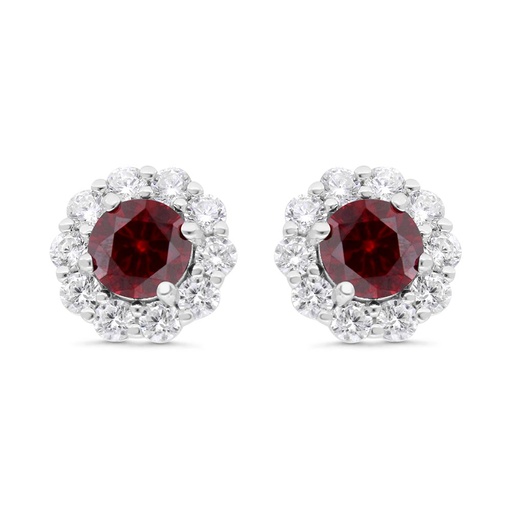 [EAR01RUB00WCZC229] Sterling Silver 925 Earring Rhodium Plated Embedded With Ruby Corundum And White Zircon