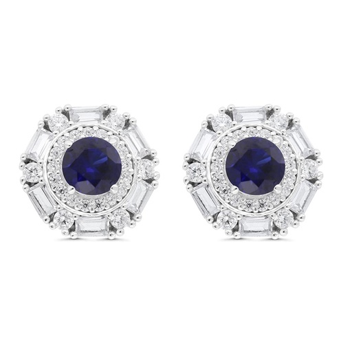 [EAR01SAP00WCZC233] Sterling Silver 925 Earring Rhodium Plated Embedded With Sapphire Corundum And White Zircon