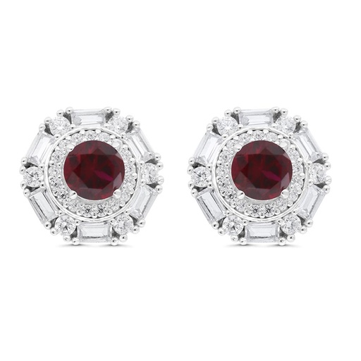 [EAR01RUB00WCZC233] Sterling Silver 925 Earring Rhodium Plated Embedded With Ruby Corundum And White Zircon
