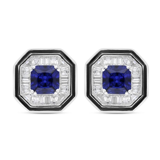 [EAR01SAP00WCZC239] Sterling Silver 925 Earring Rhodium Plated Embedded With Sapphire Corundum And White Zircon