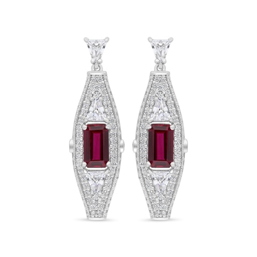 [EAR01RUB00WCZC246] Sterling Silver 925 Earring Rhodium Plated Embedded With Ruby Corundum And White Zircon