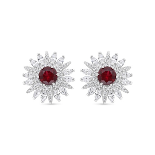 [EAR01RUB00WCZC253] Sterling Silver 925 Earring Rhodium Plated Embedded With Ruby Corundum And White Zircon