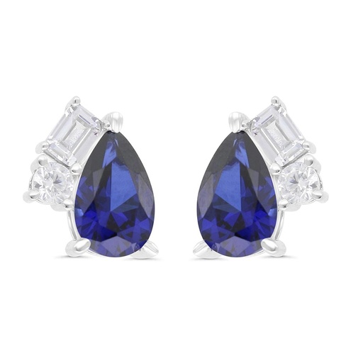[EAR01SAP00WCZC262] Sterling Silver 925 Earring Rhodium Plated Embedded With Sapphire Corundum And White Zircon