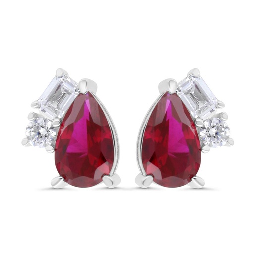 [EAR01RUB00WCZC262] Sterling Silver 925 Earring Rhodium Plated Embedded With Ruby Corundum And White Zircon