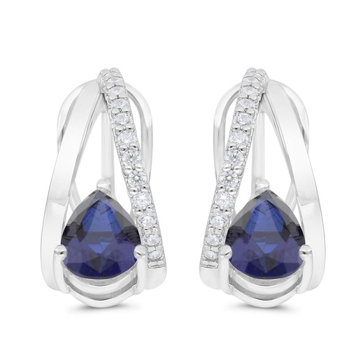 [EAR01SAP00WCZC272] Sterling Silver 925 Earring Rhodium Plated Embedded With Sapphire Corundum And White Zircon