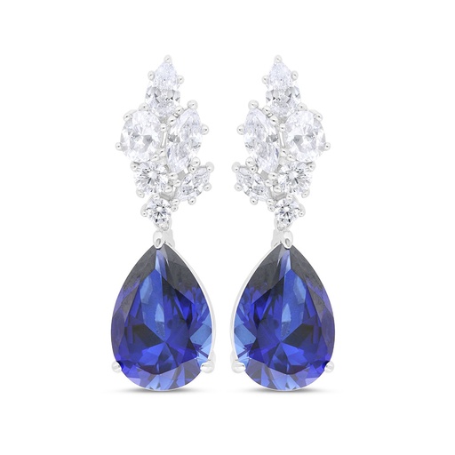 [EAR01SAP00WCZC281] Sterling Silver 925 Earring Rhodium Plated Embedded With Sapphire Corundum And White Zircon