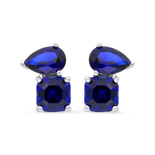 [EAR01SAP00WCZC285] Sterling Silver 925 Earring Rhodium Plated Embedded With Sapphire Corundum And White Zircon