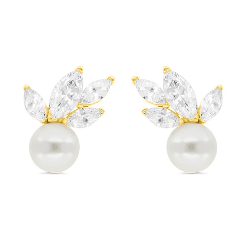 [EAR02PRL00WCZC288] Sterling Silver 925 Earring Gold Plated Embedded With Shell White Pearl And White Zircon