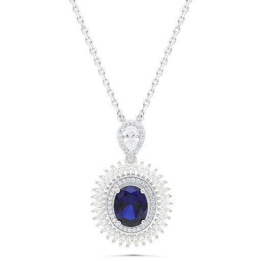 [NCL01SAP00WCZB432] Sterling Silver 925 Necklace Rhodium Plated Embedded With Sapphire Corundum And White Zircon