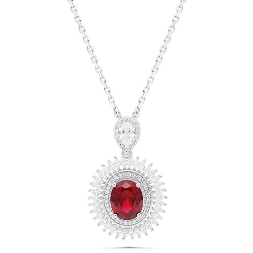 [NCL01RUB00WCZB432] Sterling Silver 925 Necklace Rhodium Plated Embedded With Ruby Corundum And White Zircon
