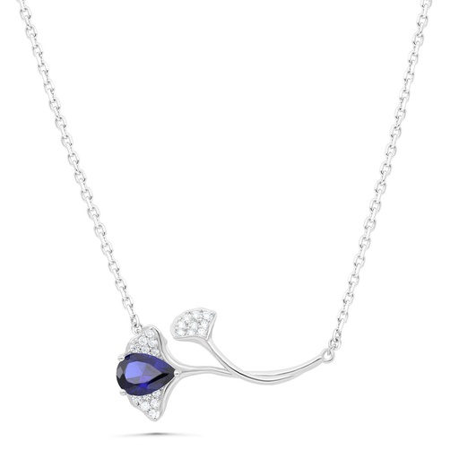 [NCL01SAP00WCZB457] Sterling Silver 925 Necklace Rhodium Plated Embedded With Sapphire Corundum And White Zircon