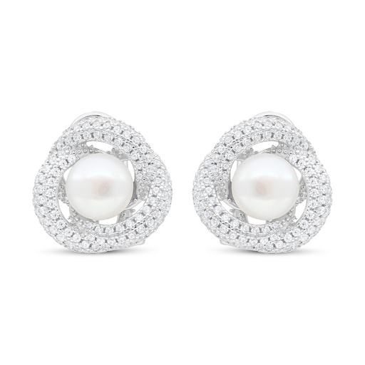 [EAR01PRL00WCZC394] Sterling Silver 925 Earring Rhodium Plated Embedded With White Shell Pearl And White Zircon