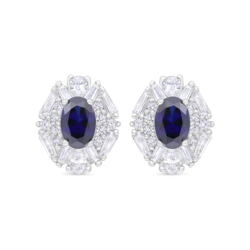 [EAR01SAP00WCZC343] Sterling Silver 925 Earring Rhodium Plated Embedded With Sapphire Corundum And White Zircon