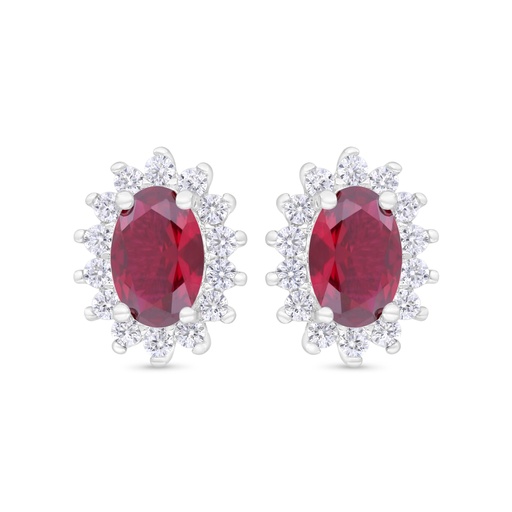 [EAR01RUB00WCZC348] Sterling Silver 925 Earring Rhodium Plated Embedded With Ruby Corundum And White Zircon