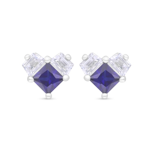 [EAR01SAP00WCZC349] Sterling Silver 925 Earring Rhodium Plated Embedded With Sapphire Corundum And White Zircon