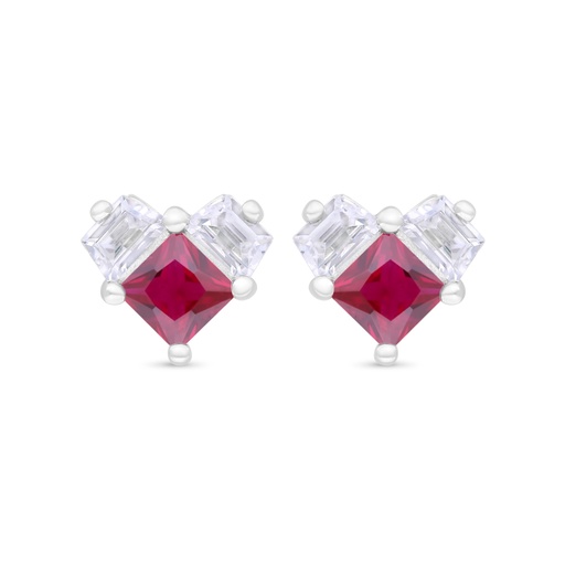 [EAR01RUB00WCZC349] Sterling Silver 925 Earring Rhodium Plated Embedded With Ruby Corundum And White Zircon