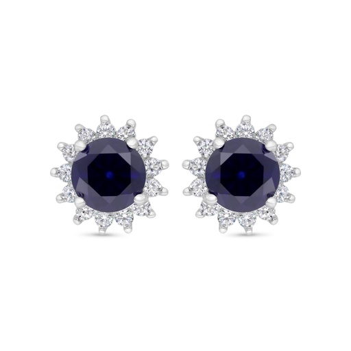 [EAR01SAP00WCZC352] Sterling Silver 925 Earring Rhodium Plated Embedded With Sapphire Corundum And White Zircon