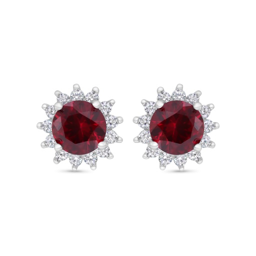 [EAR01RUB00WCZC352] Sterling Silver 925 Earring Rhodium Plated Embedded With Ruby Corundum And White Zircon