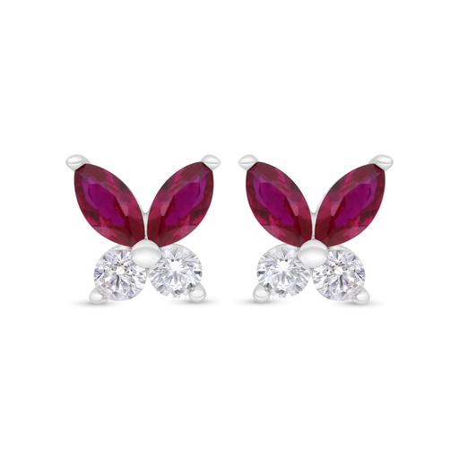 [EAR01RUB00WCZC355] Sterling Silver 925 Earring Rhodium Plated Embedded With Ruby Corundum And White Zircon