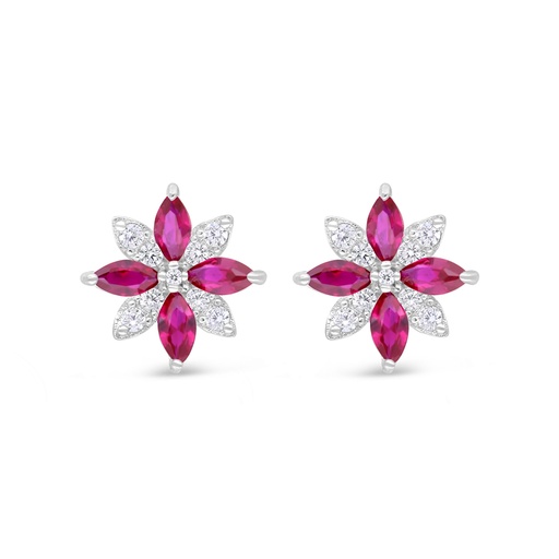 [EAR01RUB00WCZC364] Sterling Silver 925 Earring Rhodium Plated Embedded With Ruby Corundum And White Zircon