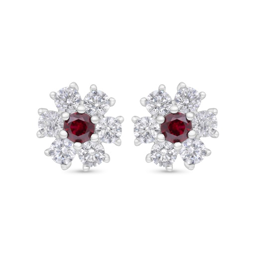 [EAR01RUB00WCZC367] Sterling Silver 925 Earring Rhodium Plated Embedded With Ruby Corundum And White Zircon