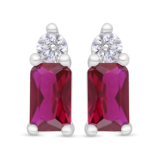 [EAR01RUB00WCZC374] Sterling Silver 925 Earring Rhodium Plated Embedded With Ruby Corundum And White Zircon