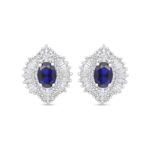 [EAR01SAP00WCZC375] Sterling Silver 925 Earring Rhodium Plated Embedded With Sapphire Corundum And White Zircon