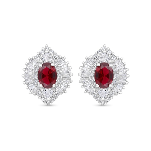 [EAR01RUB00WCZC375] Sterling Silver 925 Earring Rhodium Plated Embedded With Ruby Corundum And White Zircon