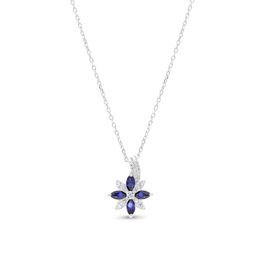 [NCL01SAP00WCZB391] Sterling Silver 925 Necklace Rhodium Plated Embedded With Sapphire Corundum And White Zircon