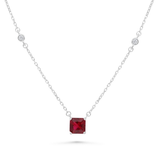 [NCL01RUB00WCZB399] Sterling Silver 925 Necklace Rhodium Plated Embedded With Ruby Corundum And White Zircon