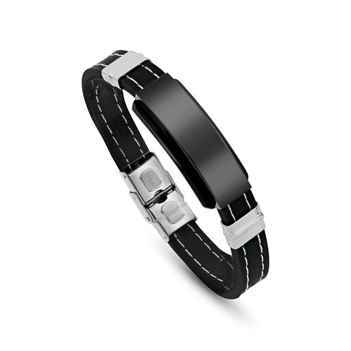 [BRC0900000000A200] Stainless Steel 304L Bracelet, Silver And Black Plated Embedded With Black Leather For Men