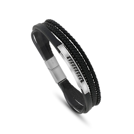 [BRC0900000000A201] Stainless Steel 316L Bracelet, Silver Plated Embedded With Black Leather For Men