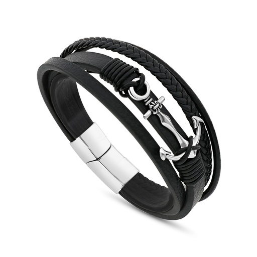 [BRC0900000000A203] Stainless Steel 316L Bracelet, Silver And Black Plated Embedded With Black Leather For Men