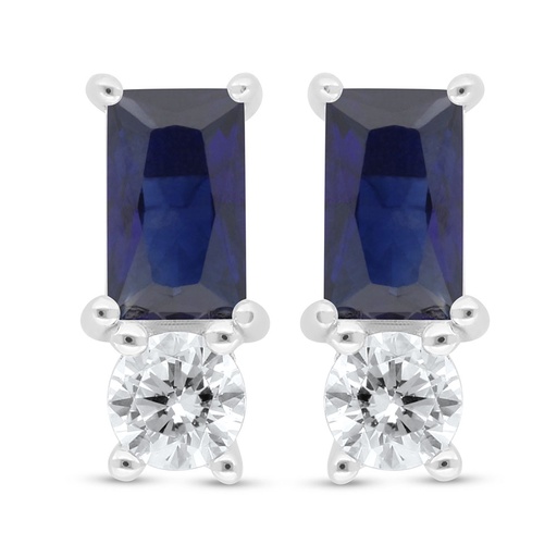 [EAR01SAP00WCZC400] Sterling Silver 925 Earring Rhodium Plated Embedded With Sapphire Corundum And White Zircon