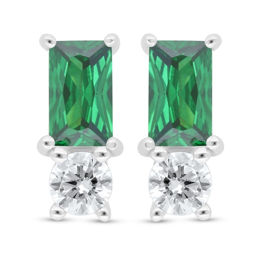 [EAR01EMR00WCZC400] Sterling Silver 925 Earring Rhodium Plated Embedded With Emerald Zircon And White Zircon