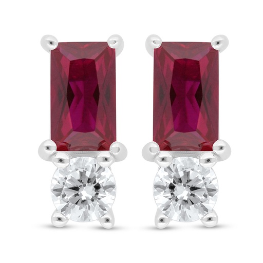 [EAR01RUB00WCZC400] Sterling Silver 925 Earring Rhodium Plated Embedded With Ruby Corundum And White Zircon