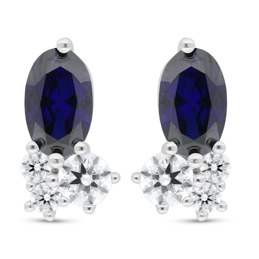 [EAR01SAP00WCZC401] Sterling Silver 925 Earring Rhodium Plated Embedded With Sapphire Corundum And White Zircon