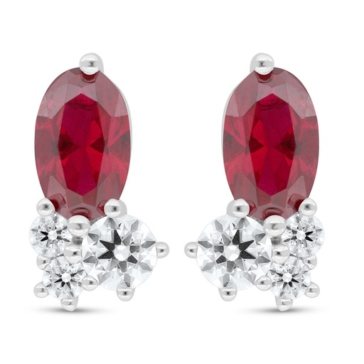[EAR01RUB00WCZC401] Sterling Silver 925 Earring Rhodium Plated Embedded With Ruby Corundum And White Zircon