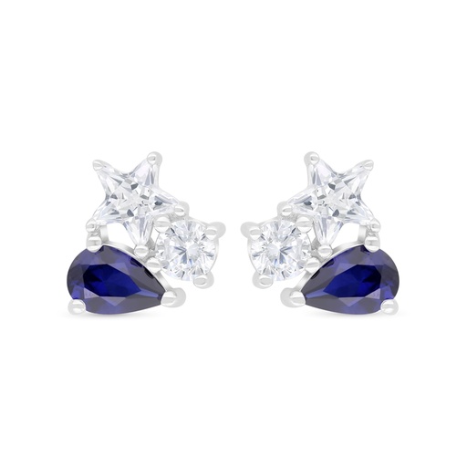 [EAR01SAP00WCZC406] Sterling Silver 925 Earring Rhodium Plated Embedded With Sapphire Corundum And White Zircon