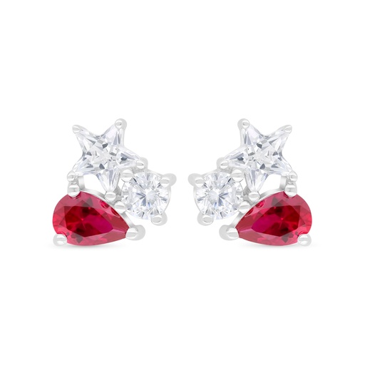 [EAR01RUB00WCZC406] Sterling Silver 925 Earring Rhodium Plated Embedded With Ruby Corundum And White Zircon