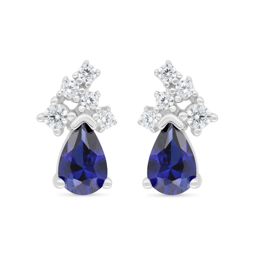 [EAR01SAP00WCZC409] Sterling Silver 925 Earring Rhodium Plated Embedded With Sapphire Corundum And White Zircon
