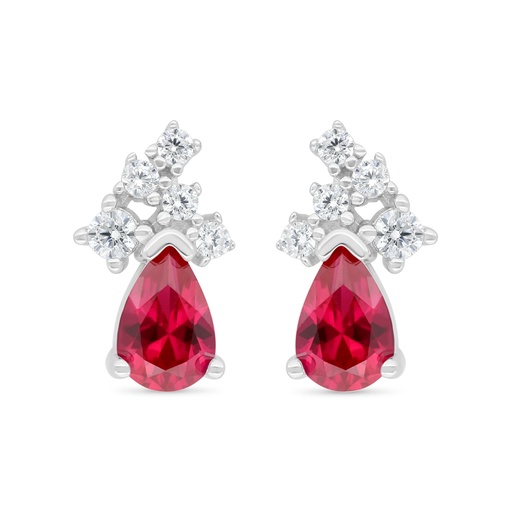 [EAR01RUB00WCZC409] Sterling Silver 925 Earring Rhodium Plated Embedded With Ruby Corundum And White Zircon