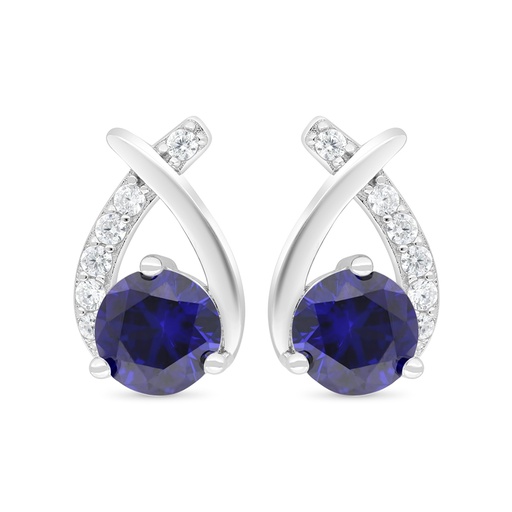 [EAR01SAP00WCZC411] Sterling Silver 925 Earring Rhodium Plated Embedded With Sapphire Corundum And White Zircon