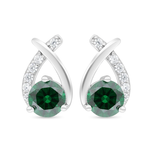 [EAR01EMR00WCZC411] Sterling Silver 925 Earring Rhodium Plated Embedded With Emerald Zircon And White Zircon