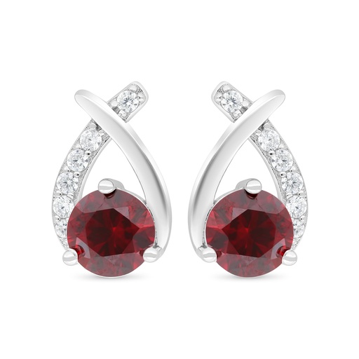 [EAR01RUB00WCZC411] Sterling Silver 925 Earring Rhodium Plated Embedded With Ruby Corundum And White Zircon