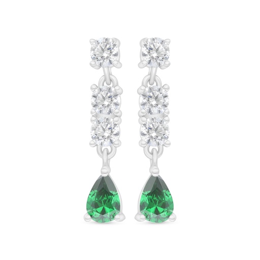 [EAR01EMR00WCZC412] Sterling Silver 925 Earring Rhodium Plated Embedded With Emerald Zircon And White Zircon