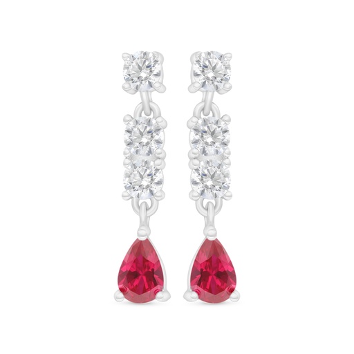 [EAR01RUB00WCZC412] Sterling Silver 925 Earring Rhodium Plated Embedded With Ruby Corundum And White Zircon