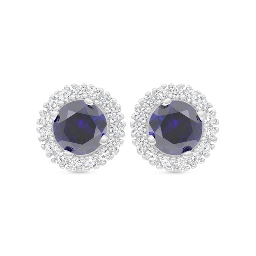 [EAR01SAP00WCZC413] Sterling Silver 925 Earring Rhodium Plated Embedded With Sapphire Corundum And White Zircon