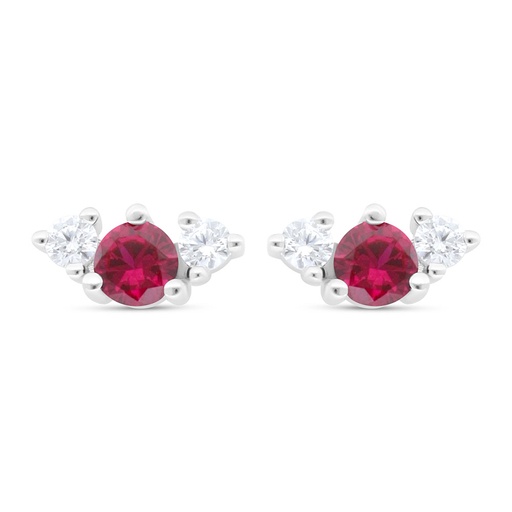[EAR01RUB00WCZC434] Sterling Silver 925 Earring Rhodium Plated Embedded With Ruby Corundum And White Zircon